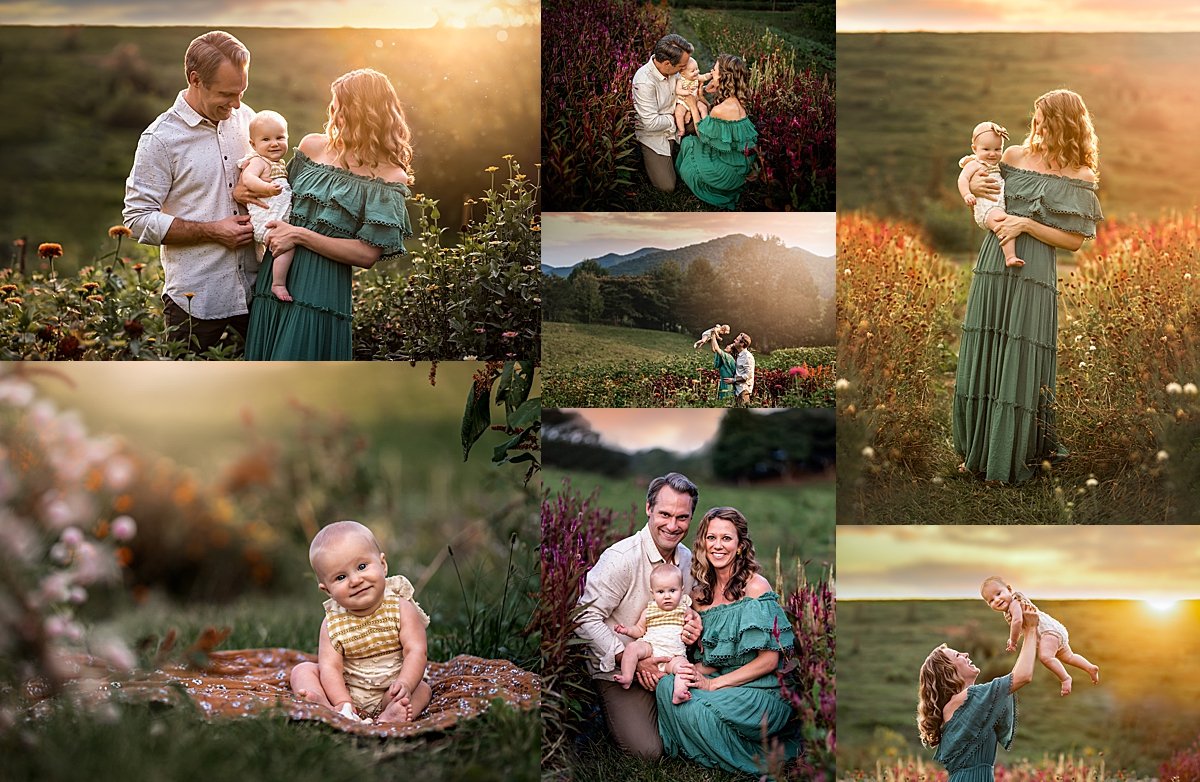 family playing at the flower farm Asheville family photographer