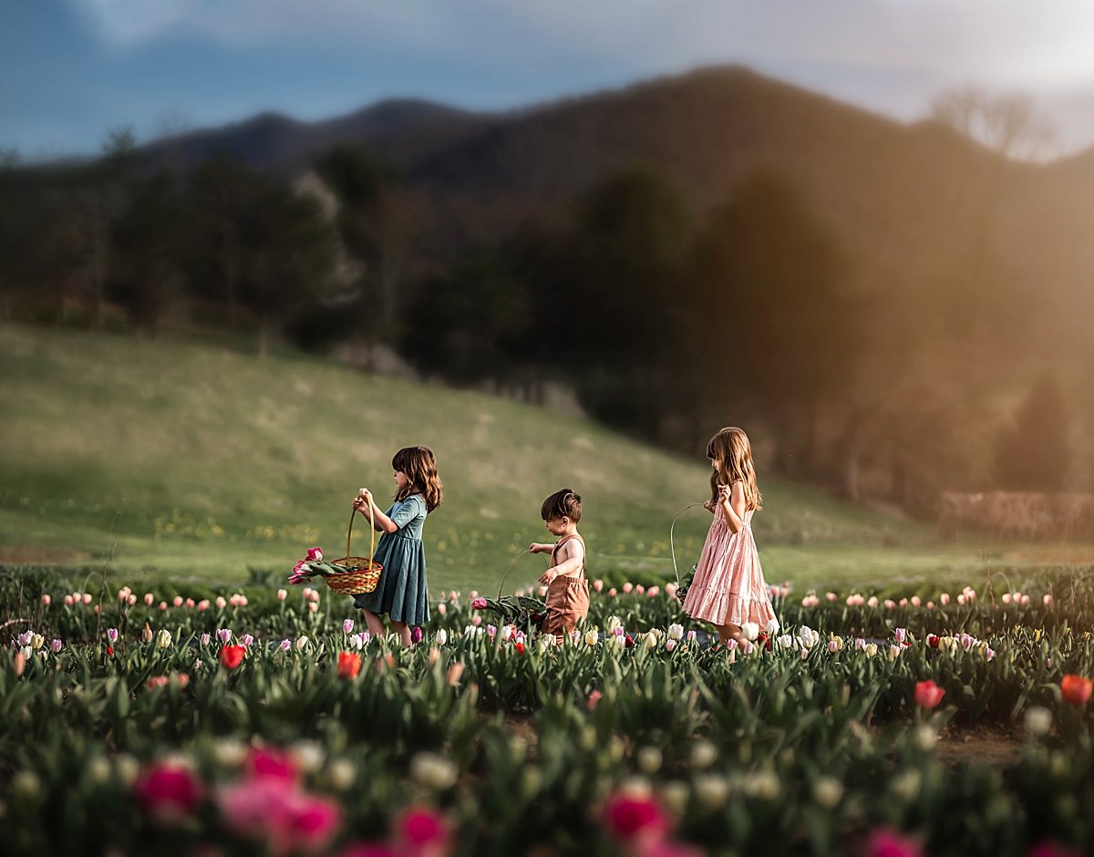 Children at flower farm Asheville NC Family Photographer