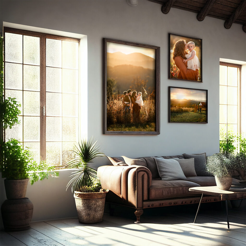 Beautiful, large family portraits on a living room wall above a couch