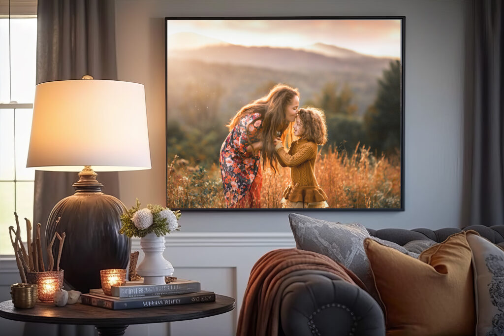 Image of a mother and daughter in the mountains printed and framed and hanging in a living room. 