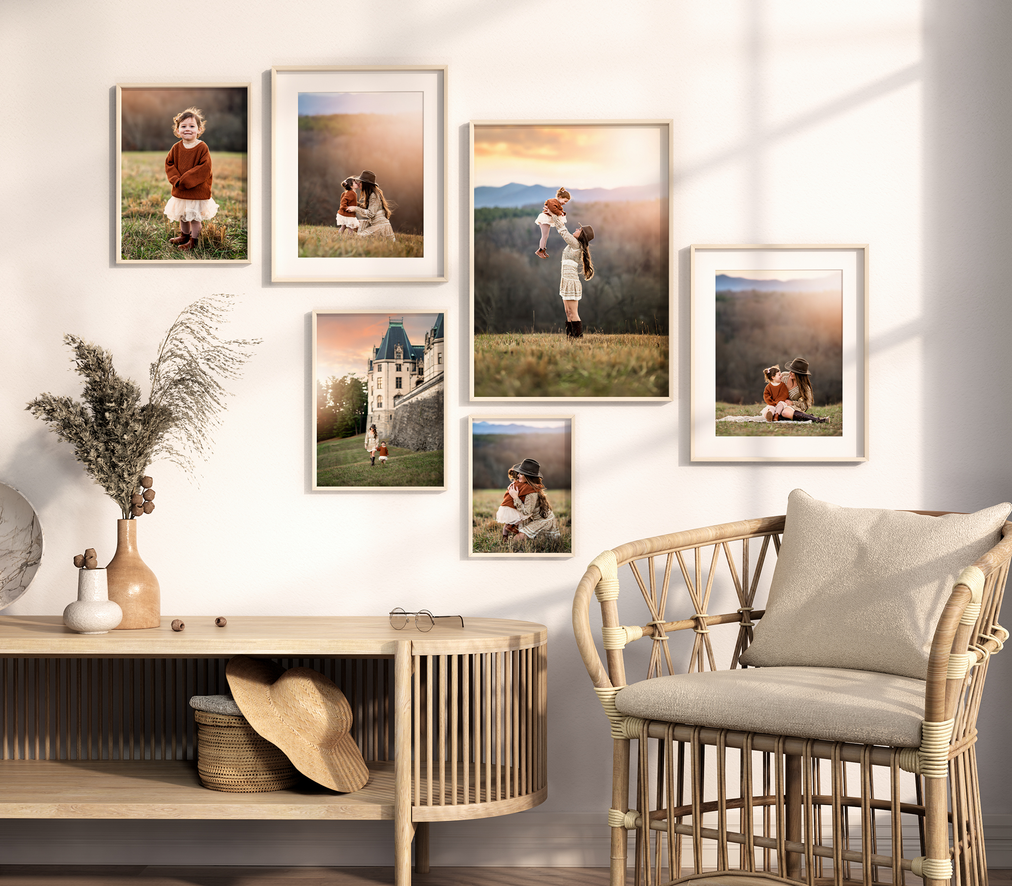 A gallery wall of photos in a home with sunlight streaming in