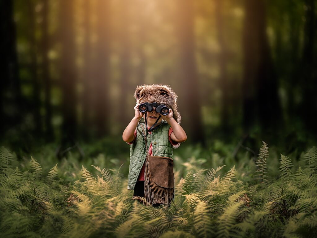 A little boy in a forest of ferns exploring with binoculars and a raccoon skin cap. 