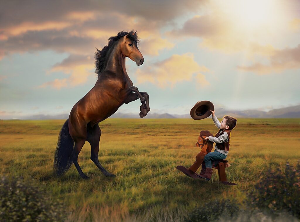 a little boy on a toy rocking horse in a field waves his hat at a horse who is rearing up in a fantastical image created by an Asheville Children's Photographer 