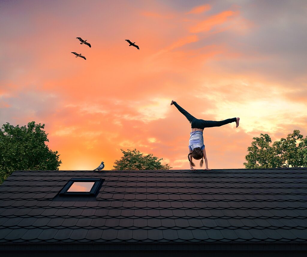 a little girl cartwheels on the roof of a house as the sunsets behind her and birds fly above her. 