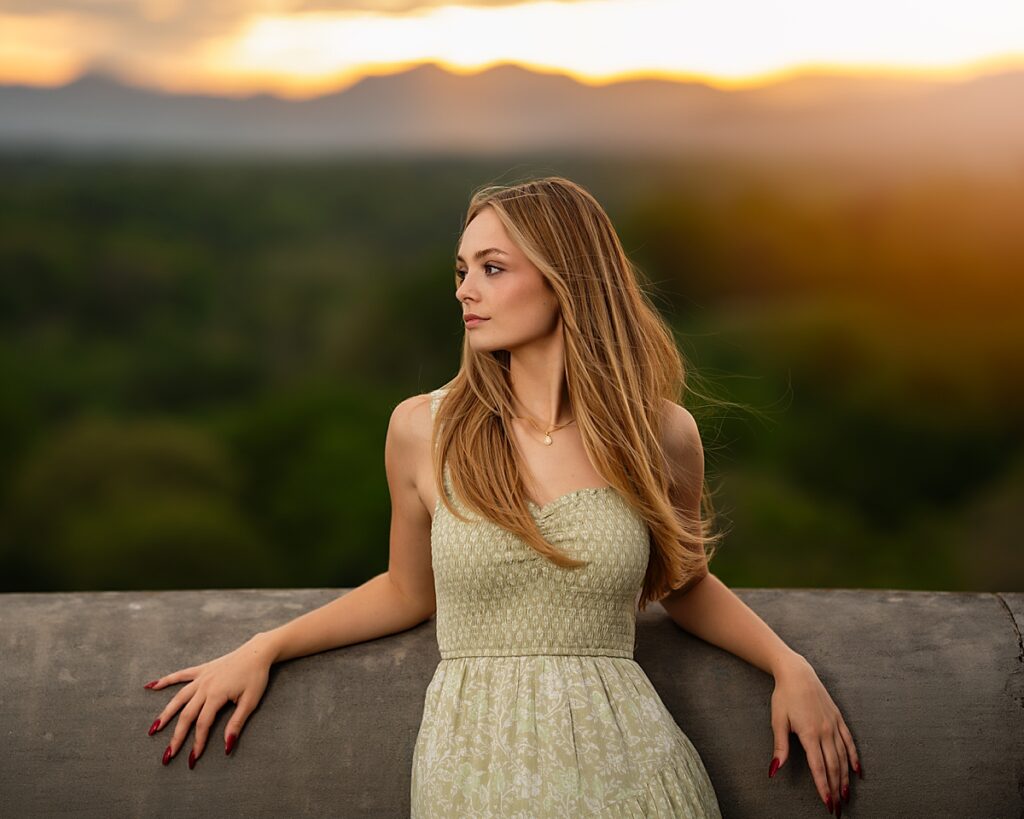 A beautiful girl in a green dress with her hair blowing in the wind at sunset. 
