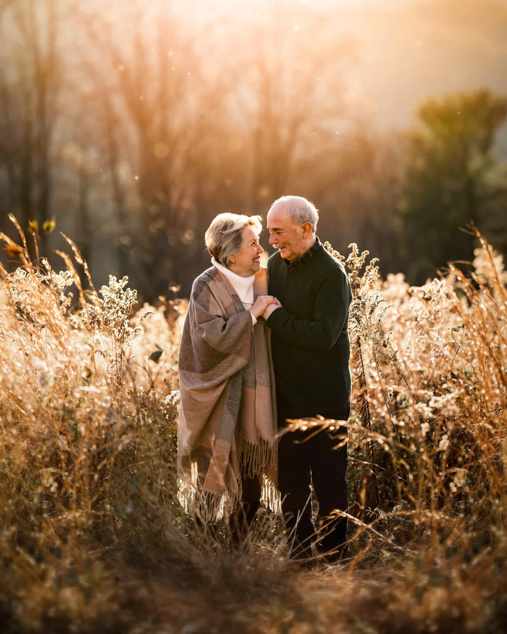 Grandparents embracing in golden tall grass at sunset during an extended family portrait session near Asheville