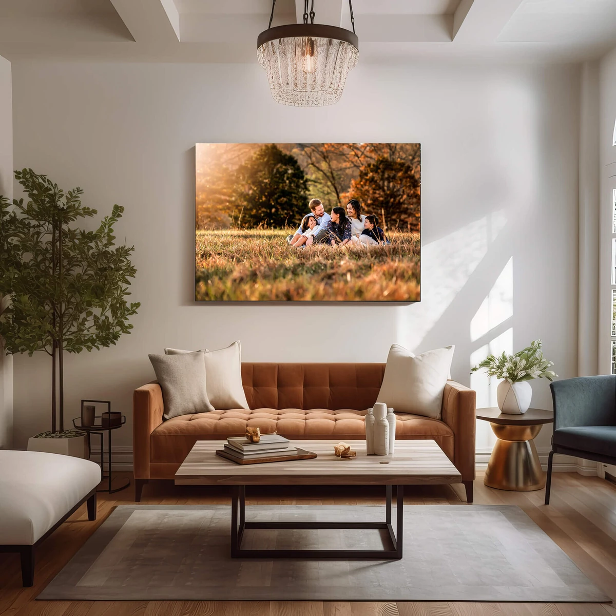 Large framed fine-art family portrait displayed as heirloom wall art in a living room